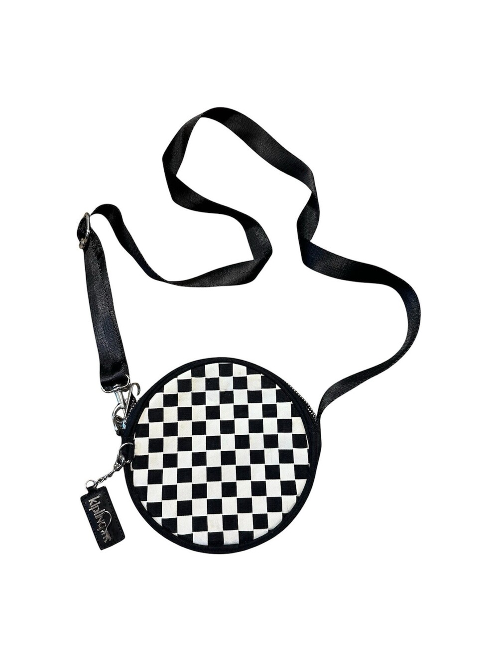 Kipling Black White Checkerboard Round Zip Crossbody Purse
